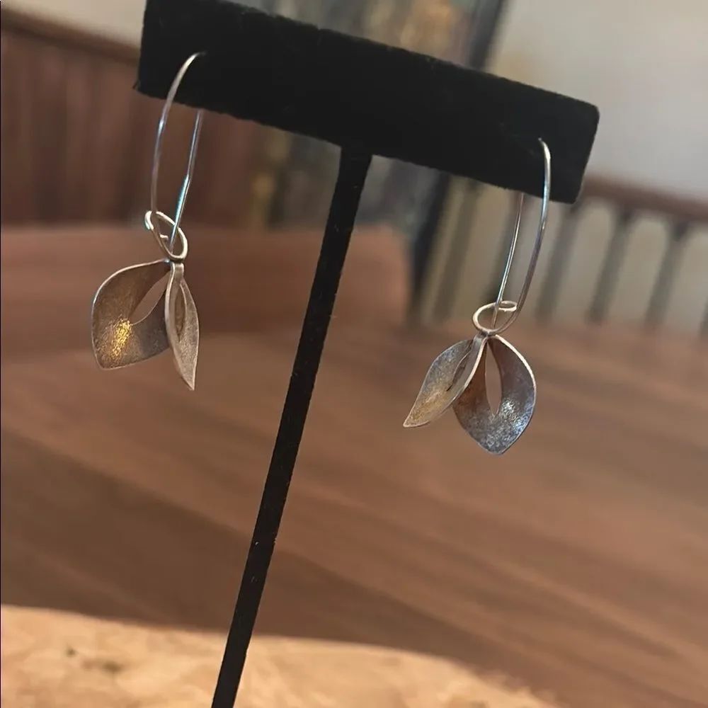 Artsist Signed Silver Leaf Earrings
